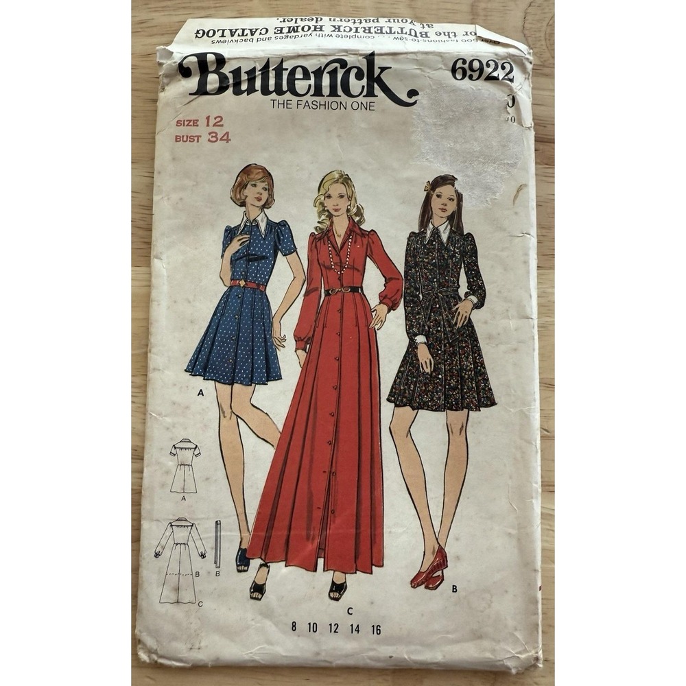 Butterick Pattern 6922 Misses' Front-Buttoned Shirtdress In Three Lengths‎ Sz 12